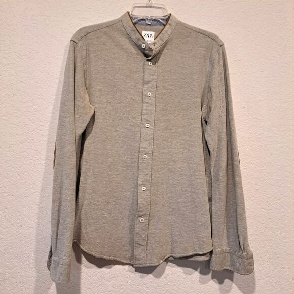 Zara Regular Fit button-down shirt heathered pale green suede elbow patch Mens M - Picture 1 of 7